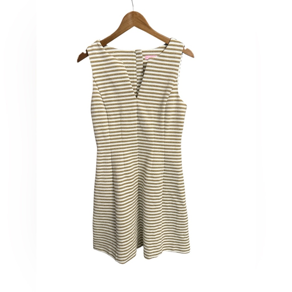 Lilly Pulitzer Brielle Gold Sparkle White Striped Midi Sleeveless Dress Size M